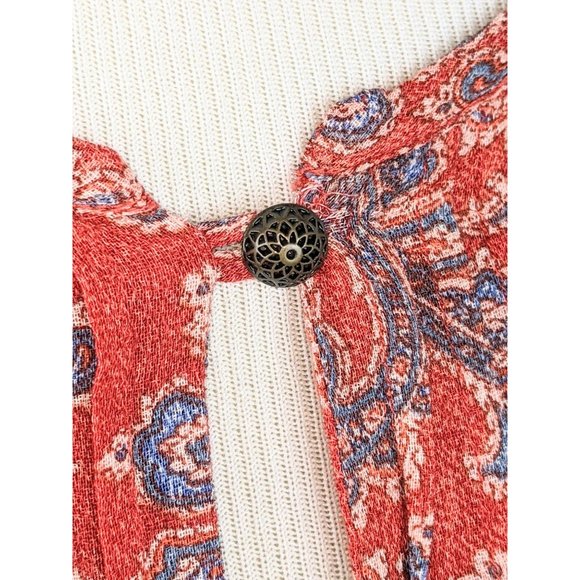 Maroon Paisley Print Peasant Blouse Flowy Pleated Casual Top Balloon Sleeves - Picture 6 of 9